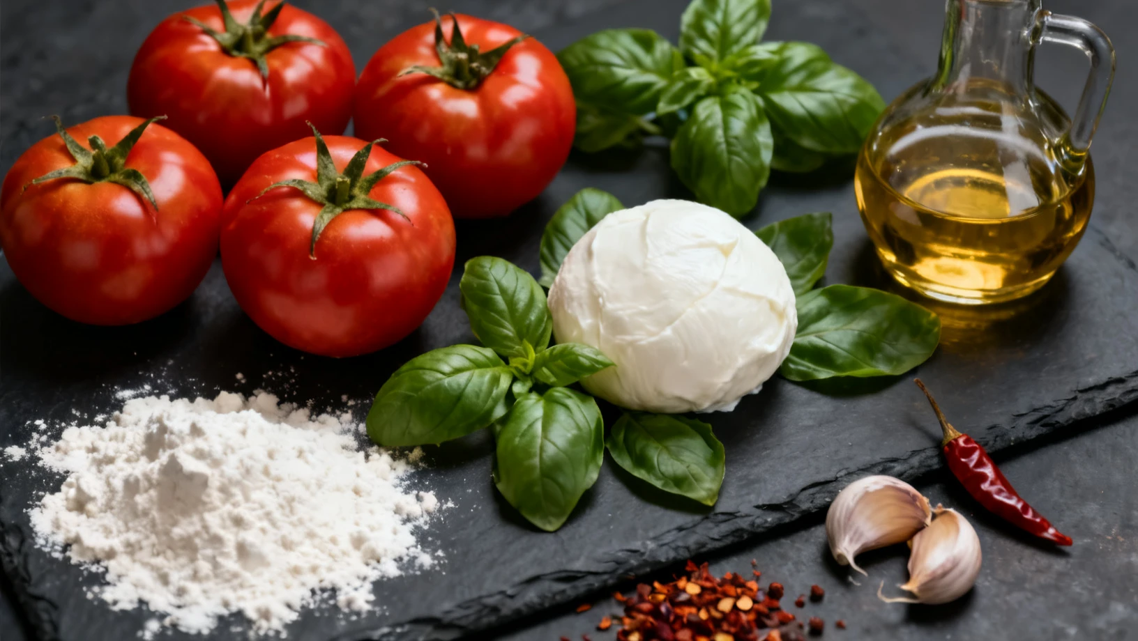 Ingredients frais de la cuisine italienne : tomates, mozzarella, basilic